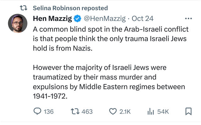 This retweet uses misinformation to describe Israel's current genocidal campaign as a war against all Arabs.