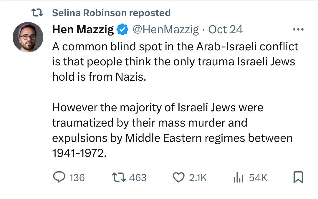 This retweet uses misinformation to describe Israel&#39;s current genocidal campaign as a war against all Arabs.