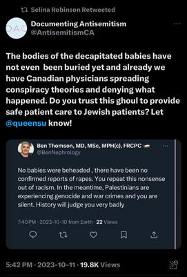 She retweeted a call to suspend a doctor who questioned Israel's justification for genocide and war crimes