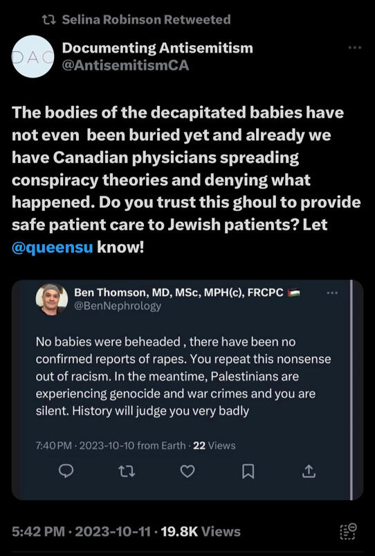 She retweeted a call to suspend a doctor who questioned Israel&#39;s justification for genocide and war crimes