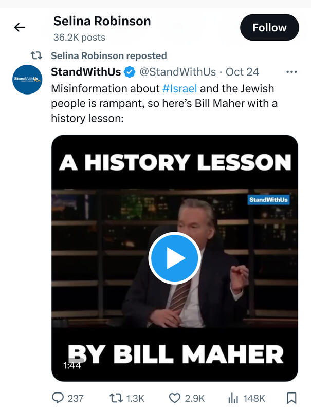 She retweets and platforms misinformation from explicit racists like Bill Maher and Warren Kinsella, a Canadian lawyer who called for people who attended Ceasefire rallies to be criminally charged and deported.