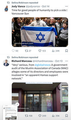 In this series of tweets she posts an article "Time for the good people of humanity to pick a side" (specifically Israel's). Then posts unproven allegations that the Muslim Association of Canada is involved in a Hamas network.