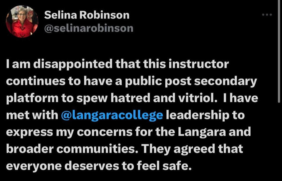 Minister Robinson used her position to pressure Langara College to fire Dr. Natalie Knight, a tenured instructor and Indigenous Curriculum Consultant, for comments she made at a Palestinian solidarity rally.